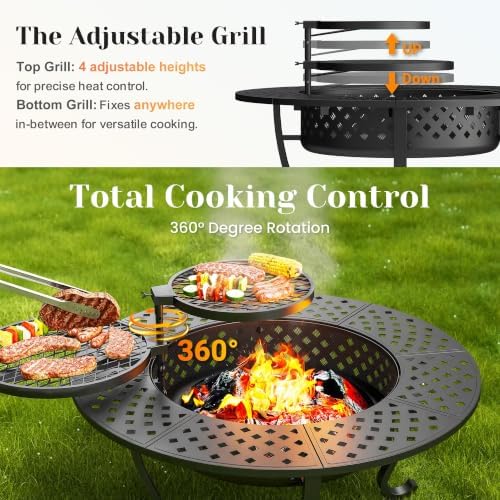43" Fire Pit, 3 in 1 Firepit with Adjustable 2 Grills for Patio, Party
