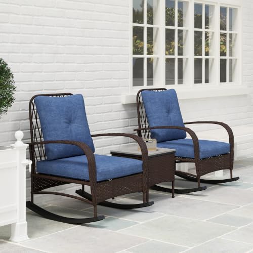 Outsunny 3 Piece Wicker Patio Furniture Set Rocking Chairs Cushions Brown