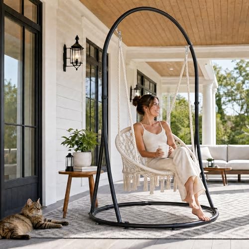 SUNCREAT Hammock Chair with Stand Included, Heavy Duty Hanging Chair with Stand, 330 lbs Capacity, Patented, Beige