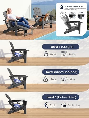 KINGYES Adjustable Folding Adirondack Chairs with Footrest & 2 Cup, HDPE Recliner Adirondack Chair with Ottoman, Grey
