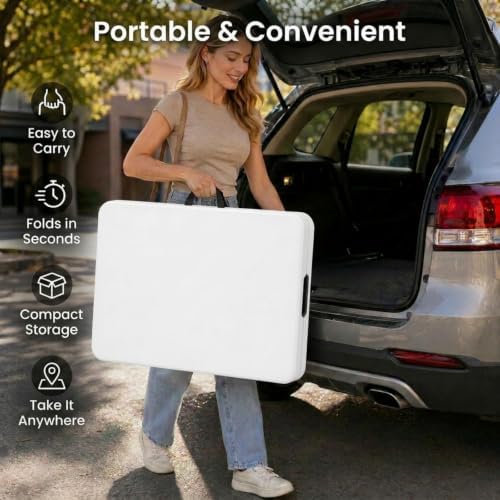 Set of 2 Folding Table 6 FT Lightweight Camping Table White Portable Plastic Rectangular Outdoor Dining Table Steel Legs Fold-in-Half with Carrying Handle for Indoor,Picnic,Party,Wedding,Events