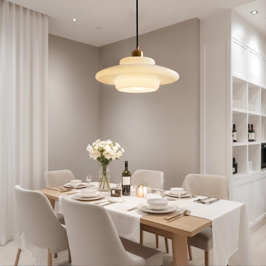 milk glass pendant light: mid century modern gold, front angle view