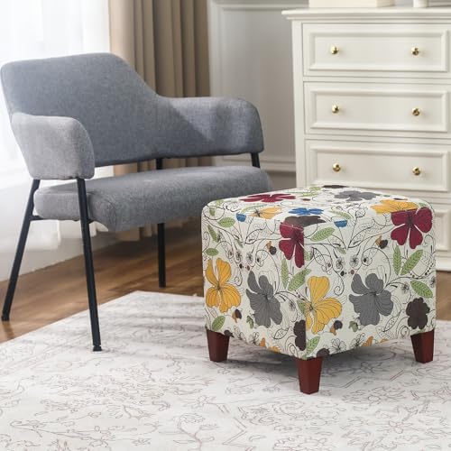 Adeco Floral Printed Linen Ottoman, 16.3" Upholstered Cube Foot Stool with Wood Legs, Small Accent Footrest for Living Room, Bedroom Vanity, and Under Desk - Burnt Orange & Blue