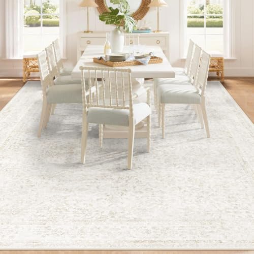 8x10 Area Rugs for Living Room: Washable Large Vintage Floral Rug Low Pile Non-Slip Boho Carpet for Bedroom Dining Home Office (Floral Beige, 8'x10')