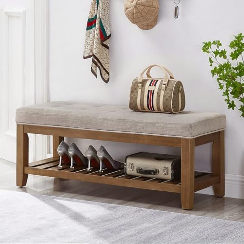 24KF Large Rectangular Upholstered Tufted Linen Fabric Ottoman Bench, Padded Bench with Solid Wood Shelf-Linen