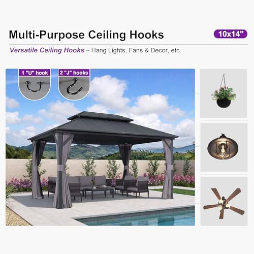 PURPLE LEAF Patio Hardtop Gazebo 10' x 14' Aluminum 3.9" Thick Posts, Grey