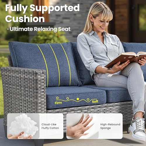 ovios Patio Furniture Set, 5 Pieces Outdoor Wicker Sofa Couch with Chairs, Ottomans and Comfy Cushions, All Weather High Back Rattan Conversation Set, Denim Blue