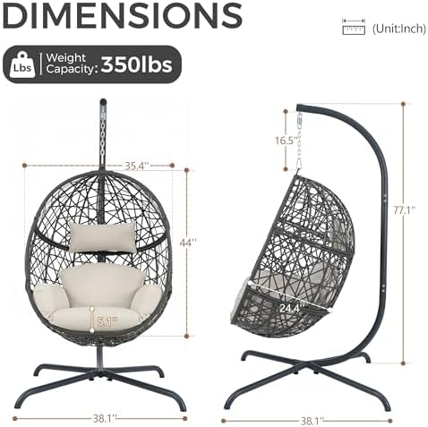 NICESOUL Oversized Patio Swing Egg Chair, Rattan Outdoor Indoor Hanging Egg Chair with Stand, Cozy Bird Cage Swinging Basket Chairs, 350 lbs Egg-Shape Padded Seat for Balcony Outside, Beige