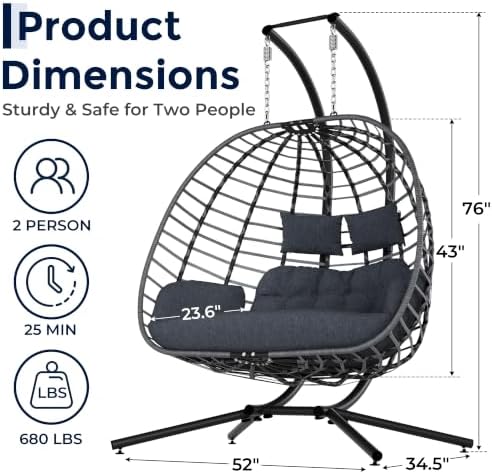 SWITTE Double Egg Chair Outdoor with Stand, Patio Hanging Swing, Grey