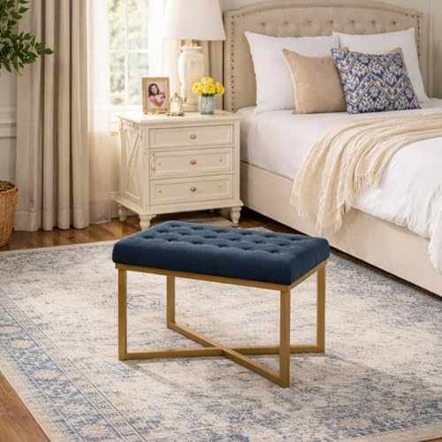 Homepop Home Decor | Upholstered Tufted Velvet Ottoman Bench | Ottoman Bench for Living Room & Bedroom, Blue, 24 x 16 x 17-1/2 inches high