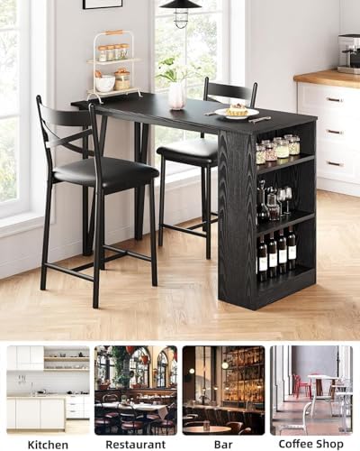 Garvee Extendable Bar Table and Chairs Set, 3 Piece Bar Table Set, Black