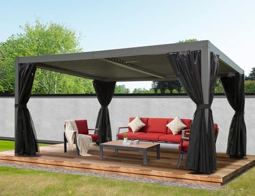 Domi Outdoor Pergola 12' × 16', Aluminium Louvered Pergola with Adjustable Roof, Curtains and Netting, Hardtop Gazebo for Patio, Deck, Garden, Yard, Beach(Gray)