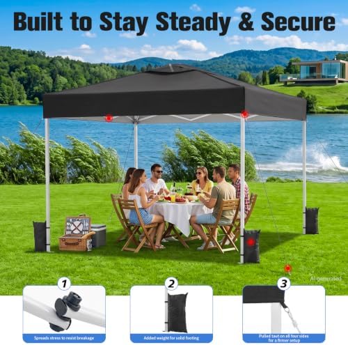 10x10 Pop Up Canopy Tent with One Push Setup, 3 Adjustable Heights, Black
