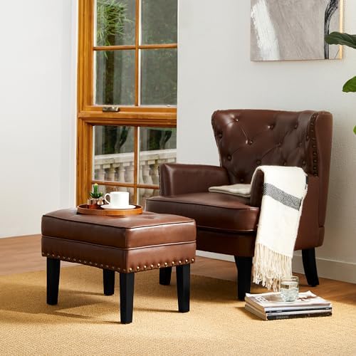 Glitzhome Mid-Century Faux Leather Ottoman, Modern Accent Stool PU Leather Foot Stool, Vanity Stool Ottoman Foot Rest Make Up Stool for Living Room, Coffee