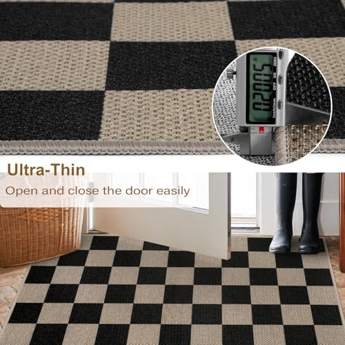 Rugalia Easy Jute Checkered Runner Rug, 2.6x8 Black Modern Washable Rugs Runner for Hallway Non-Slip Kitchen Runner Rug, Geometric Checkerboard Indoor Outdoor Carpet for Porch Laundry Entryway