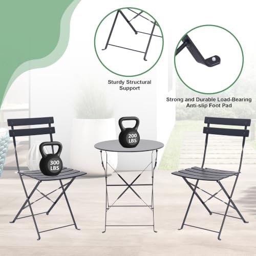 3-Piece Patio Bistro Set, Folding Outdoor Bistro Table and Chairs for 2 with Sturdy Steel Frame, No Assembly Small Space-Saving Patio Furniture Set for Balcony Garden Porch, Black (Set of 2)