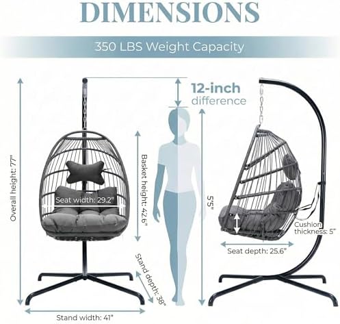 NICESOUL Swing Egg Chair with Stand Indoor Outdoor, Comfortable All Weather Wicker Patio Hanging Egg Shaped Chair with Cushions, 350lbs Capacity Hammock Chairs for Porch Balcony Bedroom, Dark Gray