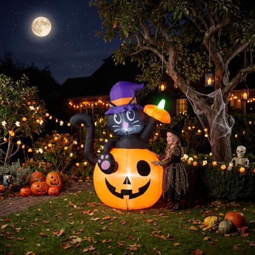 4.5FT Halloween Inflatable Black Cat with Pumpkin Outdoor Decorations, Blow Up Black Cat Yard Decor with Built-in LEDs for Garden Lawn Party Holiday Display