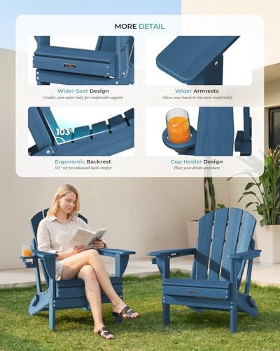 Ciokea Folding Adirondack Chair HDPE All-Weather Patio, Navy Blue