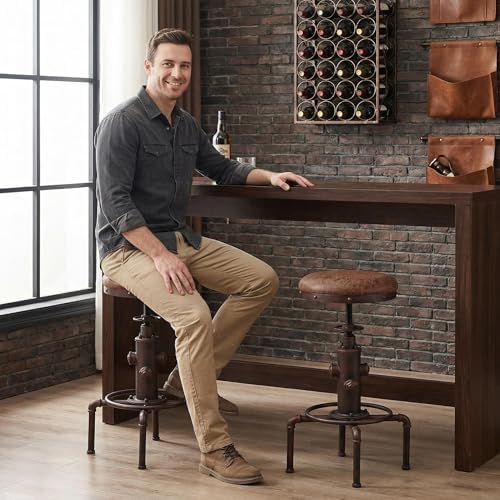Topower Antique Vintage Industrial Barstool PU Leather Water Pipe Fire Hydrant Design Cafe Coffee Industrial Bar Stool Set of 2 Red Bronze
