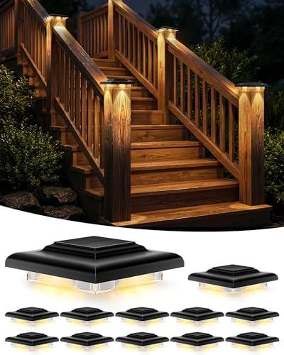 T-SUN 4x4 Solar Post Cap Lights, 12 Pack Warm White for Post with Stairs