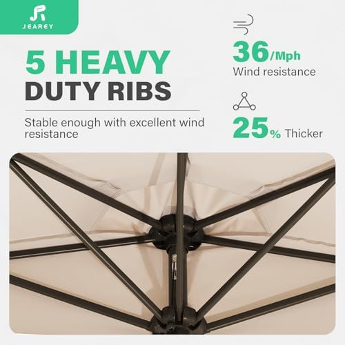 JEAREY 9 ft Half Outdoor Patio Umbrella w/Crank, Beige