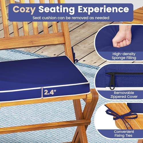 GIANTEX Patio Bistro Set 3 Pieces, Outdoor Acacia Wood Folding Table & Chairs Set with 2 Padded Cushions, Patio Conversation Furniture Set for Backyard, Garden, Balcony, Poolside (Natural & Navy)