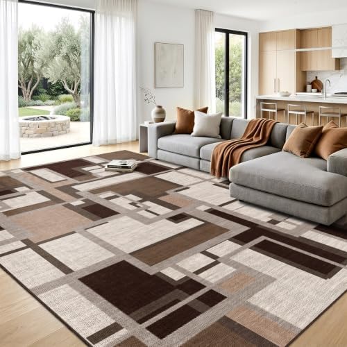 Modern Geometric 8x10 Area Rugs for Living Room, Coffee Brown Washable Rug