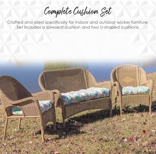 RSH DECOR 3Piece Wicker Tufted Outdoor Chair Cushions for Patio Furniture, Crestwood Marine Loveseat Cushion Set, 41” x 19” Bench & 2 Seat Cushions, Wicker Patio Furniture Cushion, Made in USA