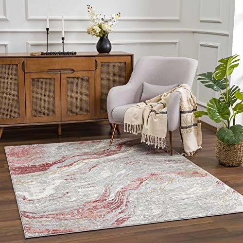 Hauteloom Malmesbury Modern Abstract Bedroom Living Room Area Rug - Marble Swirl Pattern - Contemporary Bohemian Farmhouse - Pink, Red, Grey, Off White - 5'3" x 7'