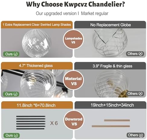 Clear Ribbed Glass Globe Chandelier, 8-Light Bubble Dining Room Chandelier 37" Black Modern Chandelier Sputnik Chandeliers Mid Century Linear Chandeliers for Dining Room Kitchen Island