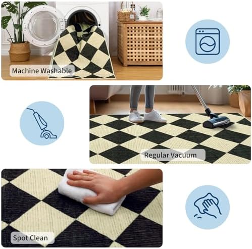 GarveeHome Area Rugs 8x10 for Living Room Black Checkered Washable Rug
