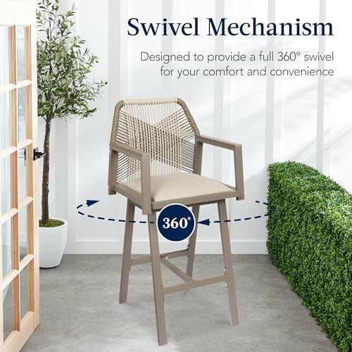 Best Choice Products Outdoor Bar Stools Set of 2, Bar Height, 360° Swivel Aluminum Frame, All-Weather Woven Rope Chair Design w/Armrests - Taupe/Sandstorm