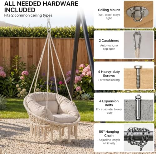 Athena Collection Hammock Chair with Hardware Kit & & Cozy Cushion, White