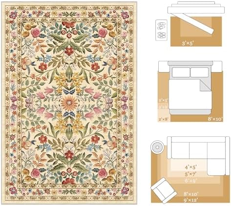 Beauoop 8x10 Floral Washable Beige Neutral Vintage Area Rug for Living Room