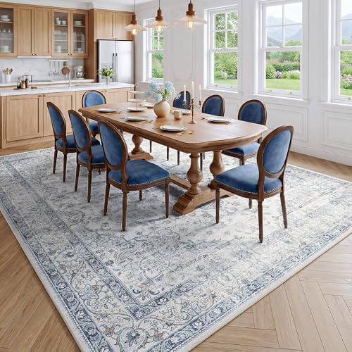 FMFUNCTEX 8x10 Washable Blue Neutral Vintage Large Area Rug for Living Room