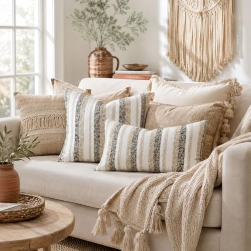 Zealax Modern Farmhouse Decorative Pillow Covers 20x20 Inch Boho Throw Pillows Neutral Soft Chenille Couch Cushion Covers, Set of 2 Velvet Striped Accent Pillows Cases for Sofa Bed Living Room, Beige