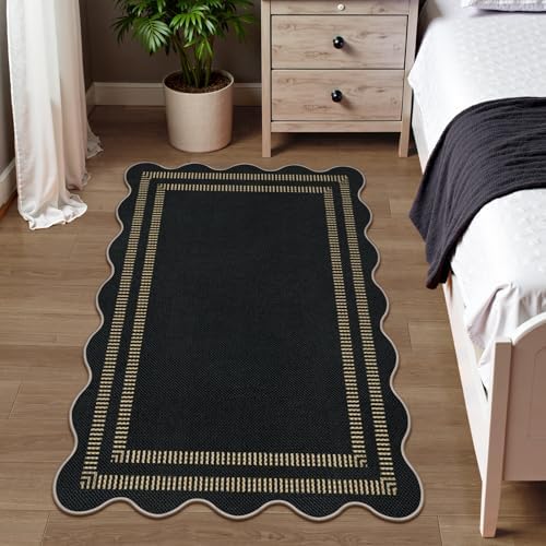 Modern Easy Jute 3x5 Outdoor Patio Rug, Black Washable Rugs for Entryway Indoor Kitchen Rugs, Farmhouse Neutral Non Slip Carpet for Living Room Backyard