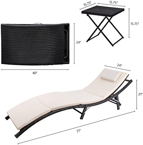 Devoko Patio Chaise Lounge Sets Outdoor Rattan Adjustable Back 3 Pieces Cushioned Patio Folding Chaise Lounge with Folding Table (Beige)