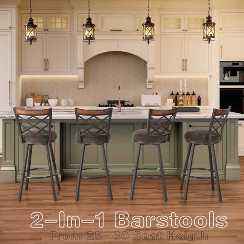 Set of 4 Farmhouse Swivel Bar Stools with Backs, Adjustable 25"/30" Counter & Bar Height Chairs, Industrial Antique Brass Metal, Fabric & Wood for Kitchen Island, Pub
