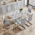 JUFU 7 Piece Dining Table Set for 6, 63 Inch Faux Marble Rectangular Kitchen Table and Chairs Set, Modern Dining Room Table Set with U-Shaped Pedestal Base & 6 Light Gray PU Leather Cantilever Chairs