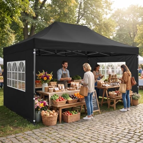 COBIZI 10x15 Pop Up Canopy Tent,Heavy Duty Canopy(Black with 4 Sidewalls)