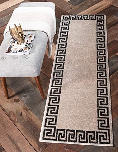 Unique Loom Athens Collection Classic Geometric Modern Border Design Area Rug, 2 ft x 6 ft, Beige/Black