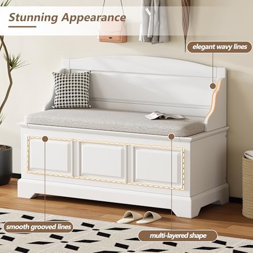 LUMISOL Shoe Storage Bench with Seating, 41.7” Farmhouse Entryway Bench with Cushion and Hidden Storage, Upholstered Storage Ottoman for Living Room, Entryway, Bedroom, White