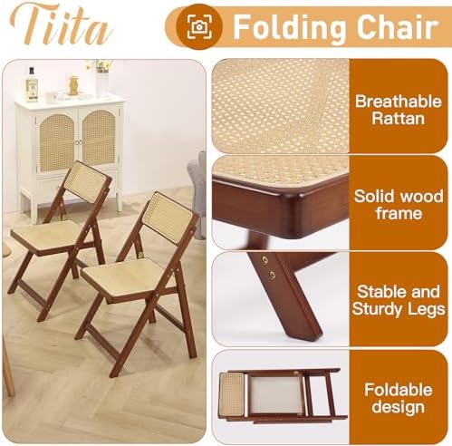 Tiita Rattan Folding Dining Chairs Set of 2, Bamboo Frame, Walnut