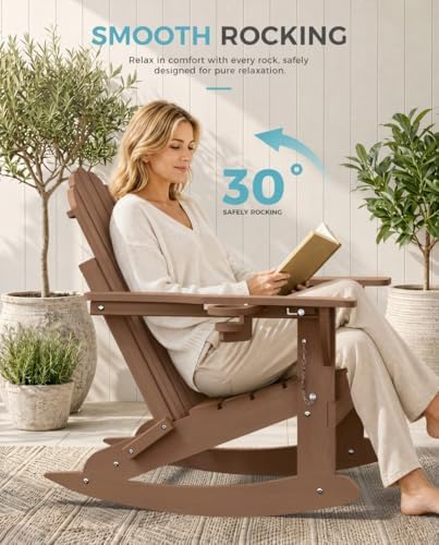 Ciokea Adirondack Rocking Chair with Footrest, Foldable HDPE Rocker (Teak)