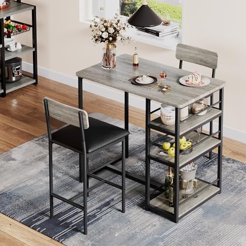 Dining Table Set for 2 with 3 Storage Shelves, 3-Piece Counter Height Kitchen Table Set with 2 Upholstered Bar Stools, Bar Table and Chairs Set for Small Space, Gray