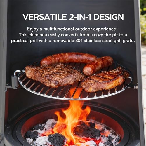 SUNJOY 57 Inch 2-in-1 Chiminea Fire Pit & Grill - Grey Metal Outdoor Chiminea with Removable Stainless Steel Grill Grate, PVC Cover, and Mesh Safety Screen Door