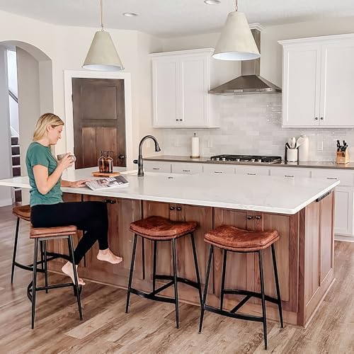 Nathan James Arlo Modern Backless Upholstered Kitchen Counter Bar Stool with Double-Layered Saddle Seat and Black Metal Base, Brown/Matte Black, Set of 2