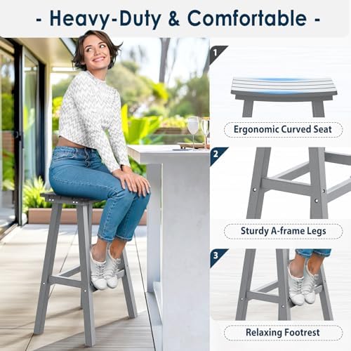 nalone 29 Inch Outdoor Bar Stools Set of 2, HDPE Bar Chairs with Footrest, Weather Resistant Barstools Outside Counter Height Stools for Yard, Balcony (Grey, 29'' Barstools Set of 2)
